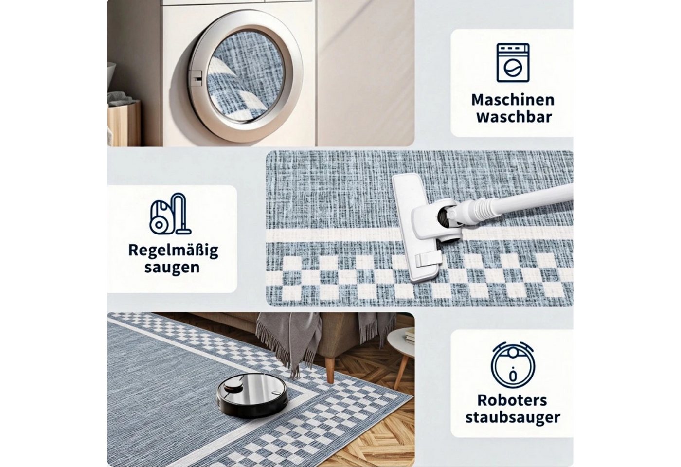 GarveeMore Teppich Moderner Teppich mit Karo-Rahmen, Flachgewebe & Robust, rechteckig, Höhe: 5 mm – Bild 4 von 5