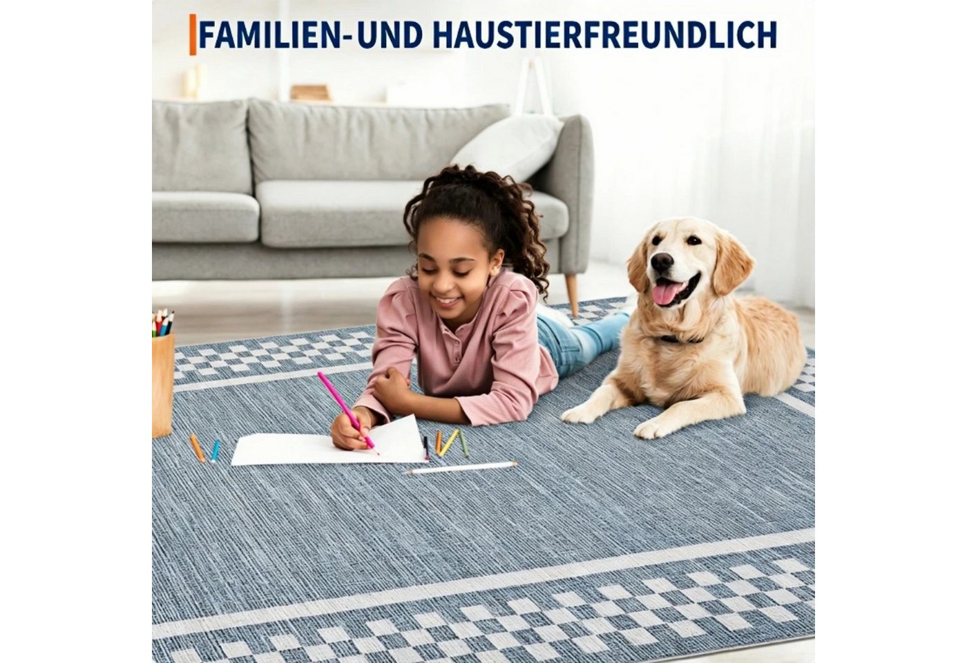 GarveeMore Teppich Moderner Teppich mit Karo-Rahmen, Flachgewebe & Robust, rechteckig, Höhe: 5 mm – Bild 5 von 5