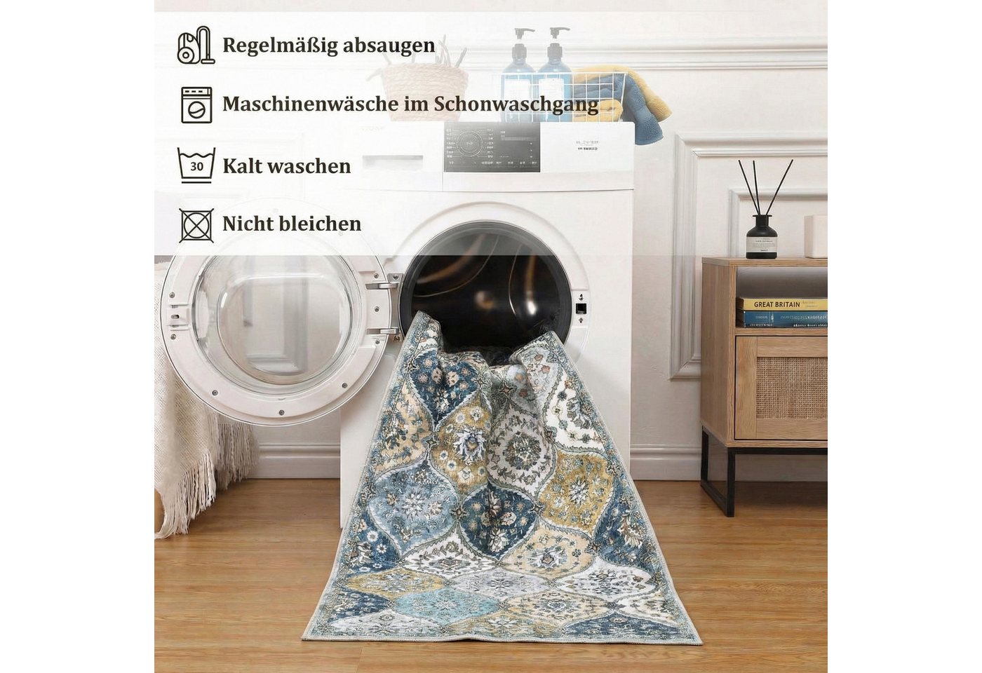 GarveeMore Teppich MosaikBlüte, rechteckig, Höhe: 5 mm, Mix aus Orient-, Boho- und modernem Wohnstil im Light-Luxury-Look – Bild 5 von 5