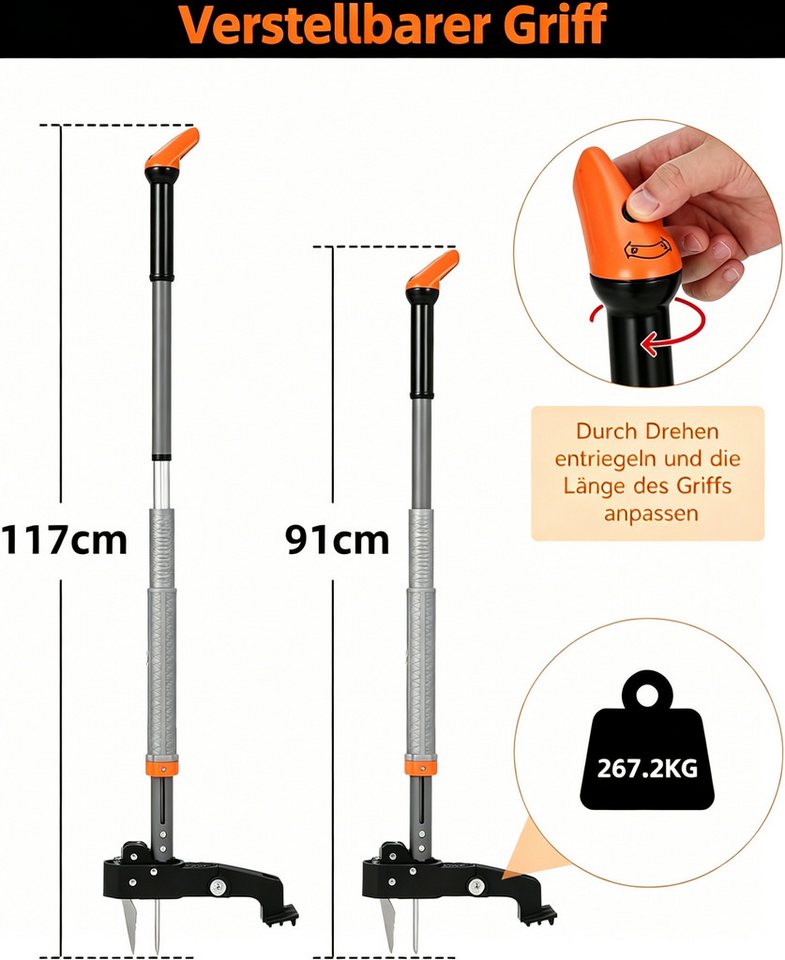 GarveeMore Unkrautstecher Löwenzahnentferner Unkrautentferner 117 cm Länge, 117 cm Gesamtlänge, mit Edelstahlkrallen & 50L Gartensack – Bild 2 von 5