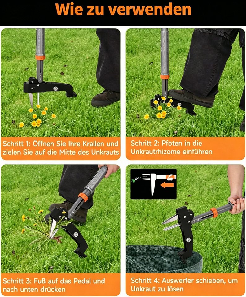 GarveeMore Unkrautstecher Löwenzahnentferner Unkrautentferner 117 cm Länge, 117 cm Gesamtlänge, mit Edelstahlkrallen & 50L Gartensack – Bild 4 von 5