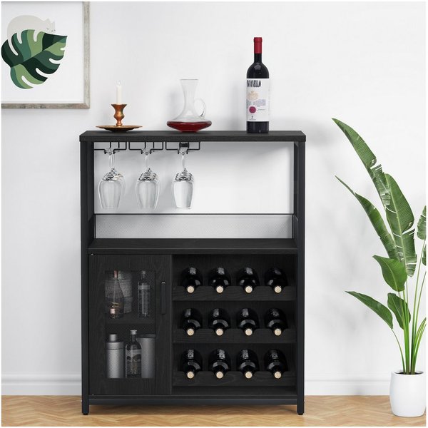 GarveeMore Weinschrank,Barschrank mit Glashalter und Netztür,industrielles Sideboard Weinlagerschrank mit abnehmbarem Weinregal und Stauraum,69x35x92cm