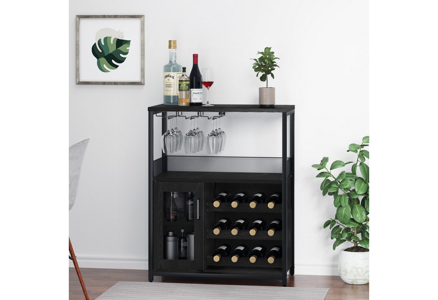 GarveeMore Weinschrank,Barschrank mit Glashalter und Netztür,industrielles Sideboard Weinlagerschrank mit abnehmbarem Weinregal und Stauraum,69x35x92cm – Bild 3 von 5