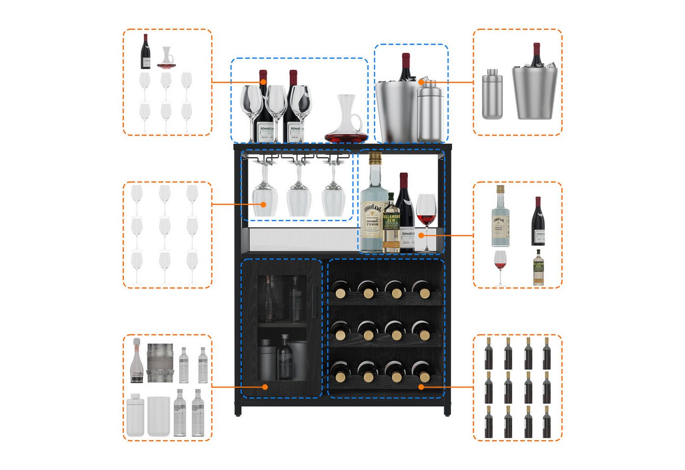 GarveeMore Weinschrank,Barschrank mit Glashalter und Netztür,industrielles Sideboard Weinlagerschrank mit abnehmbarem Weinregal und Stauraum,69x35x92cm – Bild 4 von 5