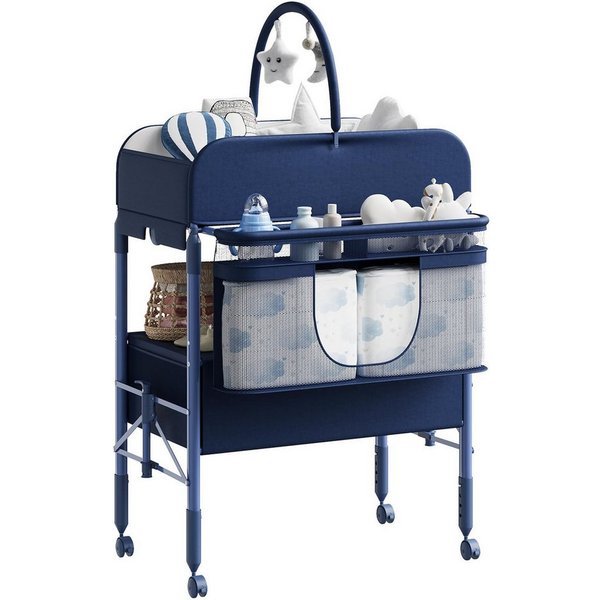 GarveeMore Wickeltisch Höhenverstellbarer Wickeltisch Klappbar, mit Rollen & Schubladen, Platzsparend klappbar, höhenverstellbar (97-105 cm) & mobil