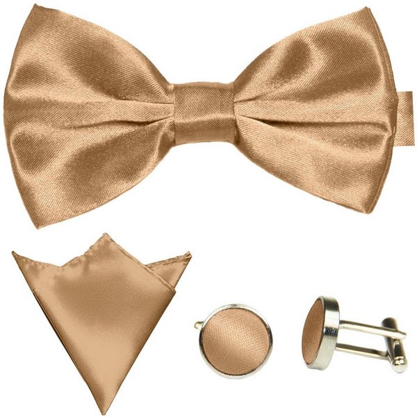 GASSANI Fliege Hochzeitsfliege, Herren-Schleife Kavalierstuch, Hochzeit Bräutigam (Set, 3-St., Manschettenknöpfe, mit Einstecktuch, Fliegenset) Uni, Seide-Touch