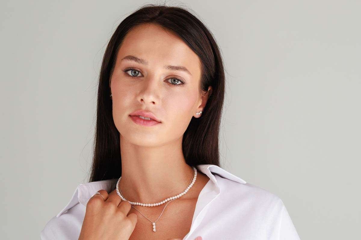 Gaura Pearls Perlenkette moderner Choker, weiß, rund, 37-40 cm, echte Süßwasserzuchtperlen, 925er Sterlingsilber mit 585 Roségoldplattierung (1 Mikron) – Bild 2 von 5