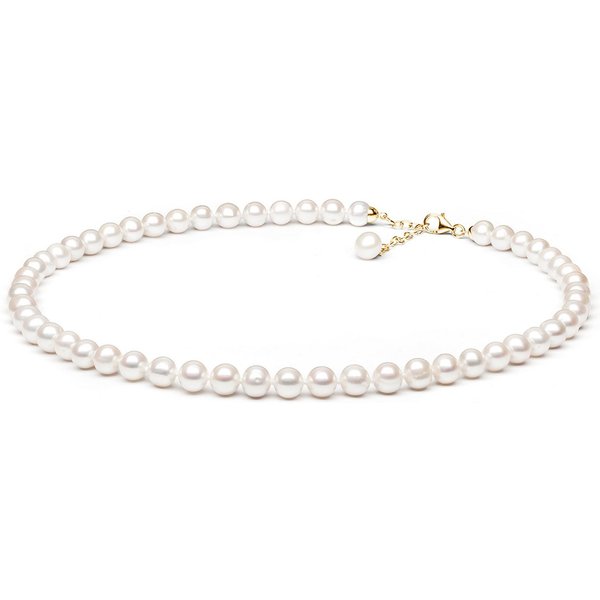 Gaura Pearls Perlenkette weiß, rund, 9 mm, 45-48 cm, 925er Sterlingsilber mit 585 Gelbgoldplattierung (1 Mikron)