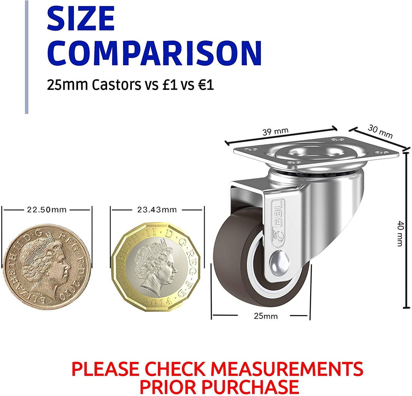 GBL Caster Wheels Möbelrolle GBL Möbelrollen 25 mm, 4 Rollen mit Bremse, 40 kg, Schrauben, (4-St) – Bild 2 von 5