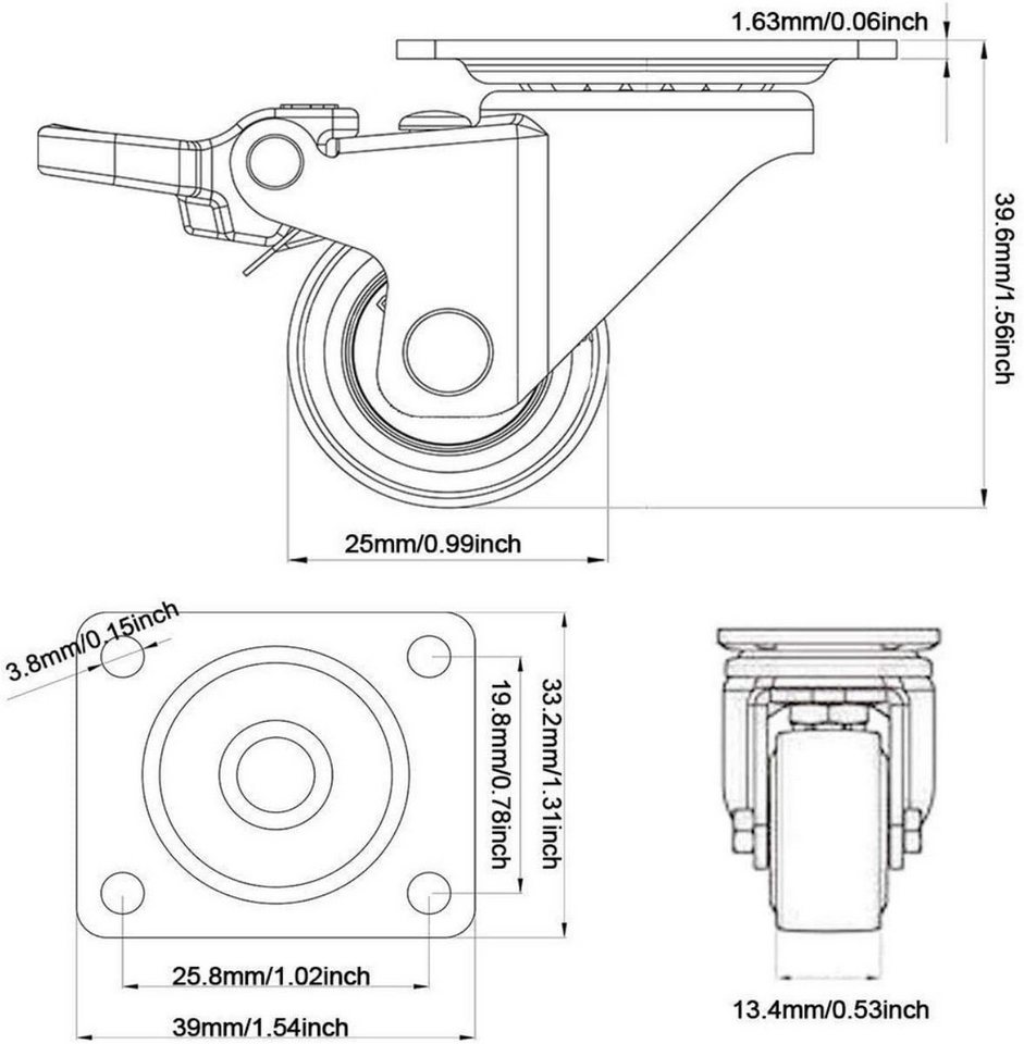 GBL Caster Wheels Möbelrolle GBL Möbelrollen 25 mm, 4 Rollen mit Bremse, 40 kg, Schrauben, (4-St) – Bild 5 von 5