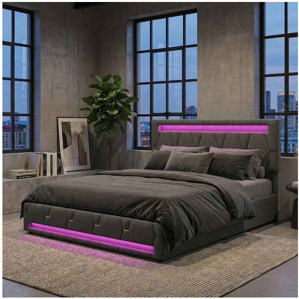Gdood Polsterbett Stauraumbett Doppelbett LED (Vier extra große Schubladen unter dem Bett), Mit LED-Beleuchtung, Stauraum, Leinen, 160x200 cm
