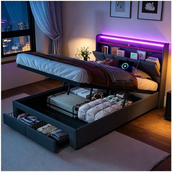 Gdood Polsterbett Stauraumbett LED Doppelbett (Mit 2 Schubladen, Hydraulisch anhebbarer Bettstauraum), Mit LED-Beleuchtung, Kopfteil mit Ladebuchse, Leinen, 140