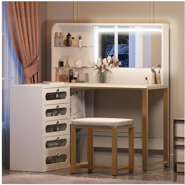 Gdood Schminktisch Mit LED Spiegel und Hocker, Steckdosenleiste, Schubladen (1-St., 120x80x135 cm), Inkl. LED-Beleuchtung Spiegel, 5 Schubladen, Lagerregal