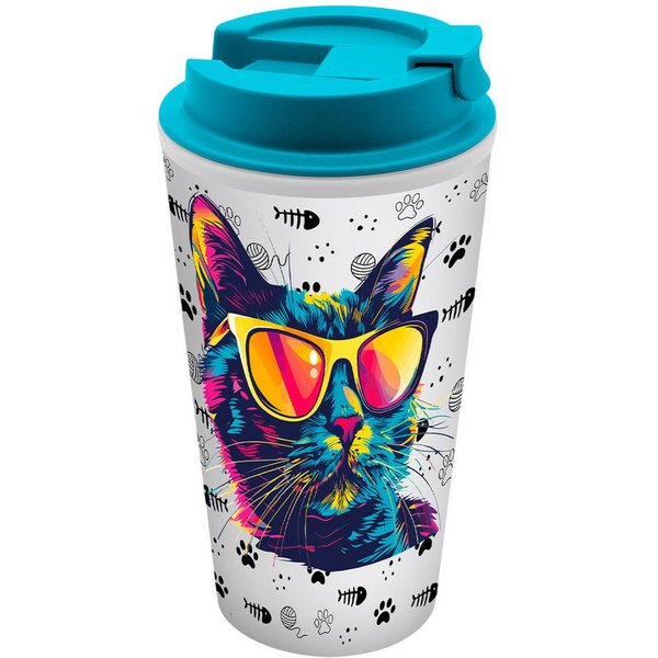 Geda Labels GmbH Coffee-to-go-Becher Cool Cat, 1-tlg., PP, Türkis, 400ml, doppelwandig
