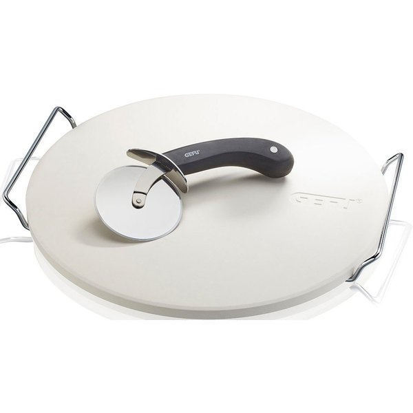 GEFU Pizzastein + Pizzaschneider DARIOSO, Edelstahl, Keramik, Kunststoff, (Set, 2-St., Pizzastein mit Gestell, rund + Pizzaschneider), speichert die Hitze gleic
