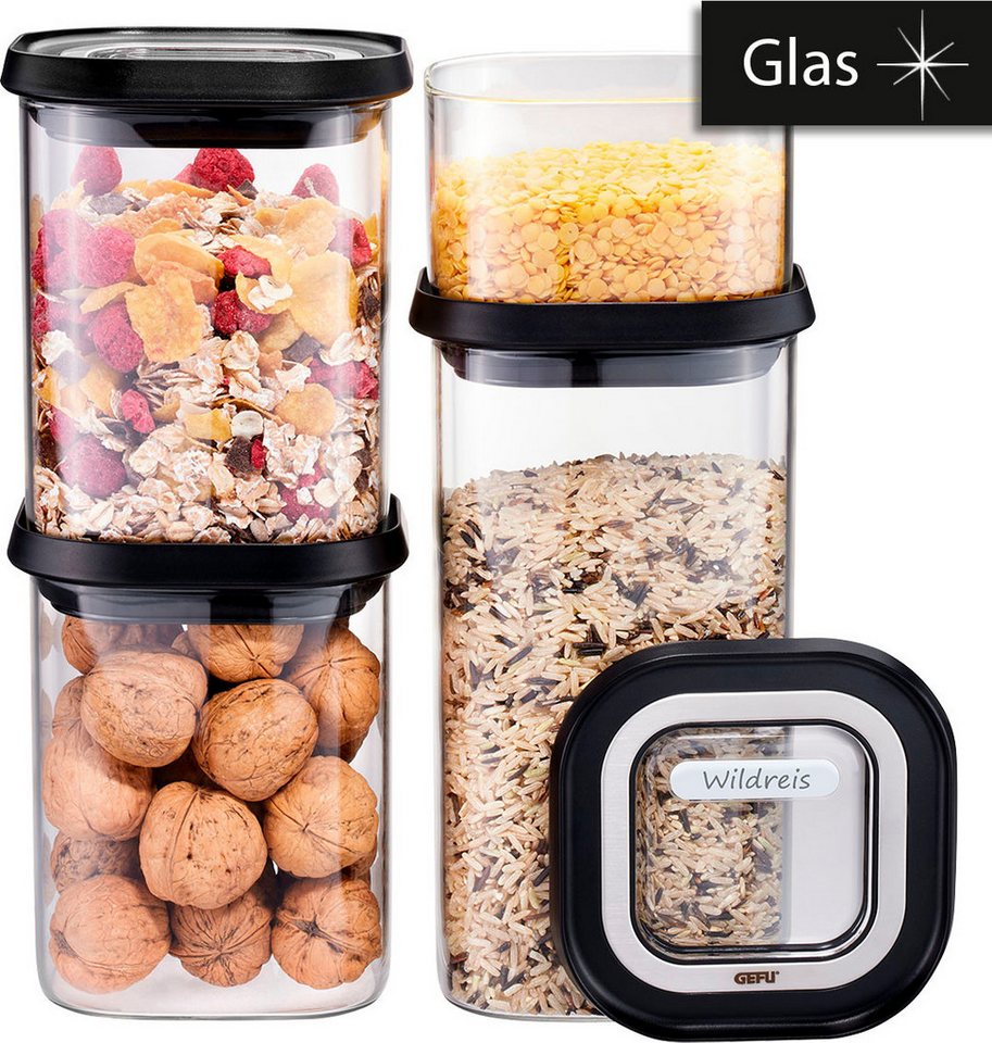 GEFU Vorratsglas PANTRY, Borosilikatglas, Kunststoff, (Set, 8-tlg., 4 Vorratsgläser, 4 Deckel), Stapelbar, luftdicht, transparent, platzsparend – Bild 3 von 5