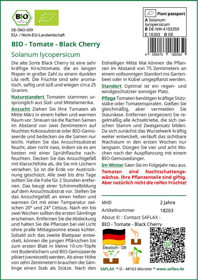 SAFLAX Gemüsesamen SAFLAX - Samen - BIO - Tomate - Black Cherry – Bild 2 von 5