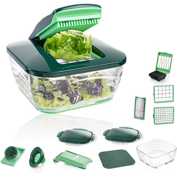 Genius Gemüseschneider Genius Nicer Dicer Chef (18-teilig) Gemüseschneider mit Glasschüssel, 18tlg. Würfelschneider, Auffangbehälter 3300ml, Glasschüssel 2800ml