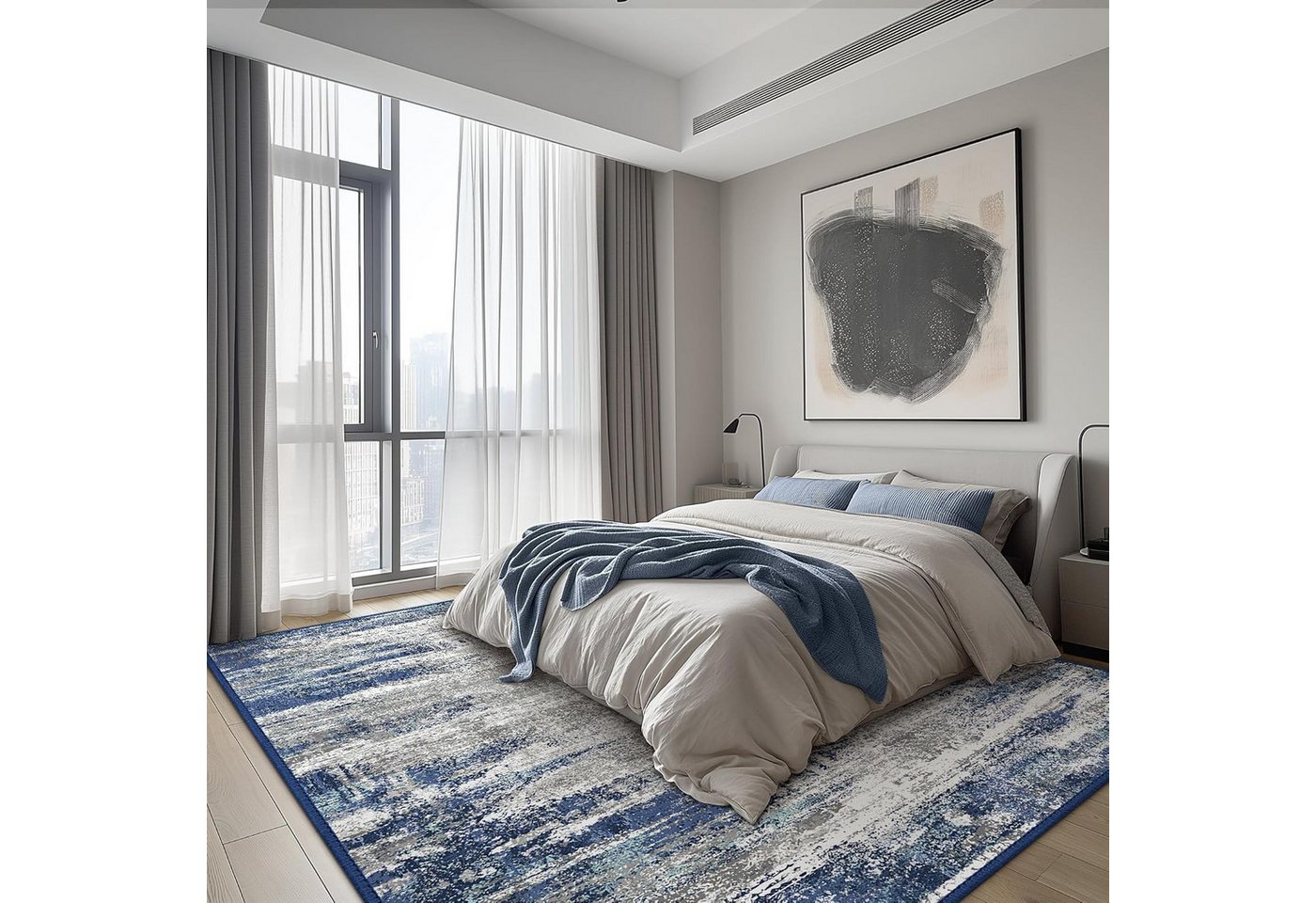 GENIMO Teppich Maschinenwaschbar, Kurzflor Antirutsch Teppich für Wohnzimmer, Küche, rechteckig, 240×300cm, blau – Bild 3 von 5