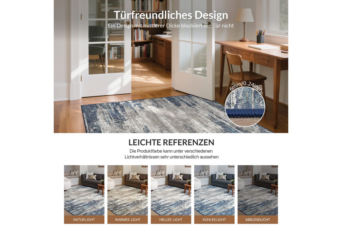 GENIMO Teppich Maschinenwaschbar, Kurzflor Antirutsch Teppich für Wohnzimmer, Küche, rechteckig, 240×300cm, blau – Bild 4 von 5