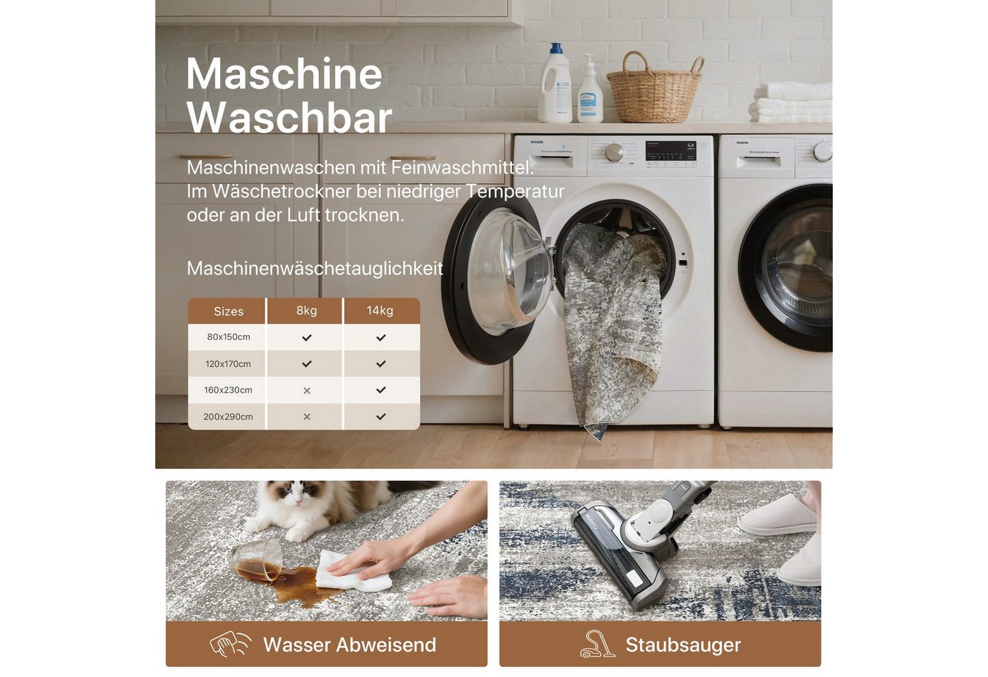 GENIMO Teppich Maschinenwaschbar, Kurzflor Antirutsch Teppich für Wohnzimmer, Küche, rechteckig, 240×300cm, blau – Bild 5 von 5