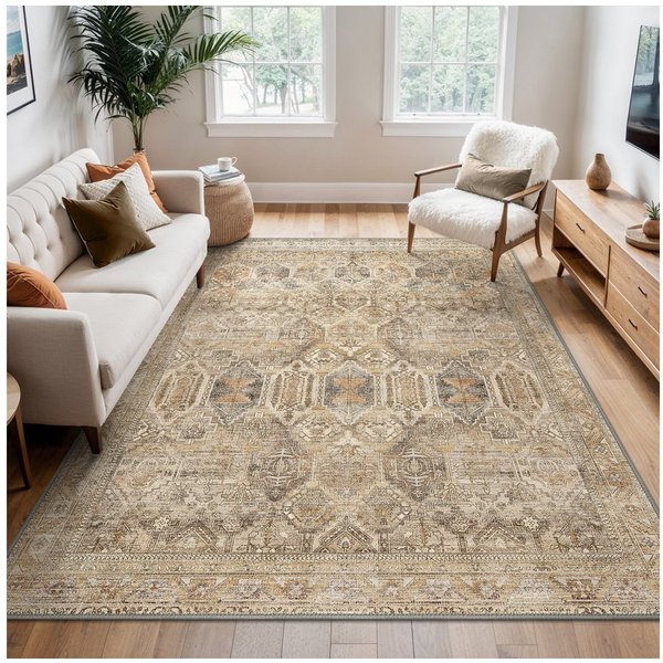 GENIMO Teppich Waschbarer, großer rutschfester Orientteppich im Vintage-Stil, rechteckig, für Badezimmer und Esszimmer, Ocker, 160 x 230 cm