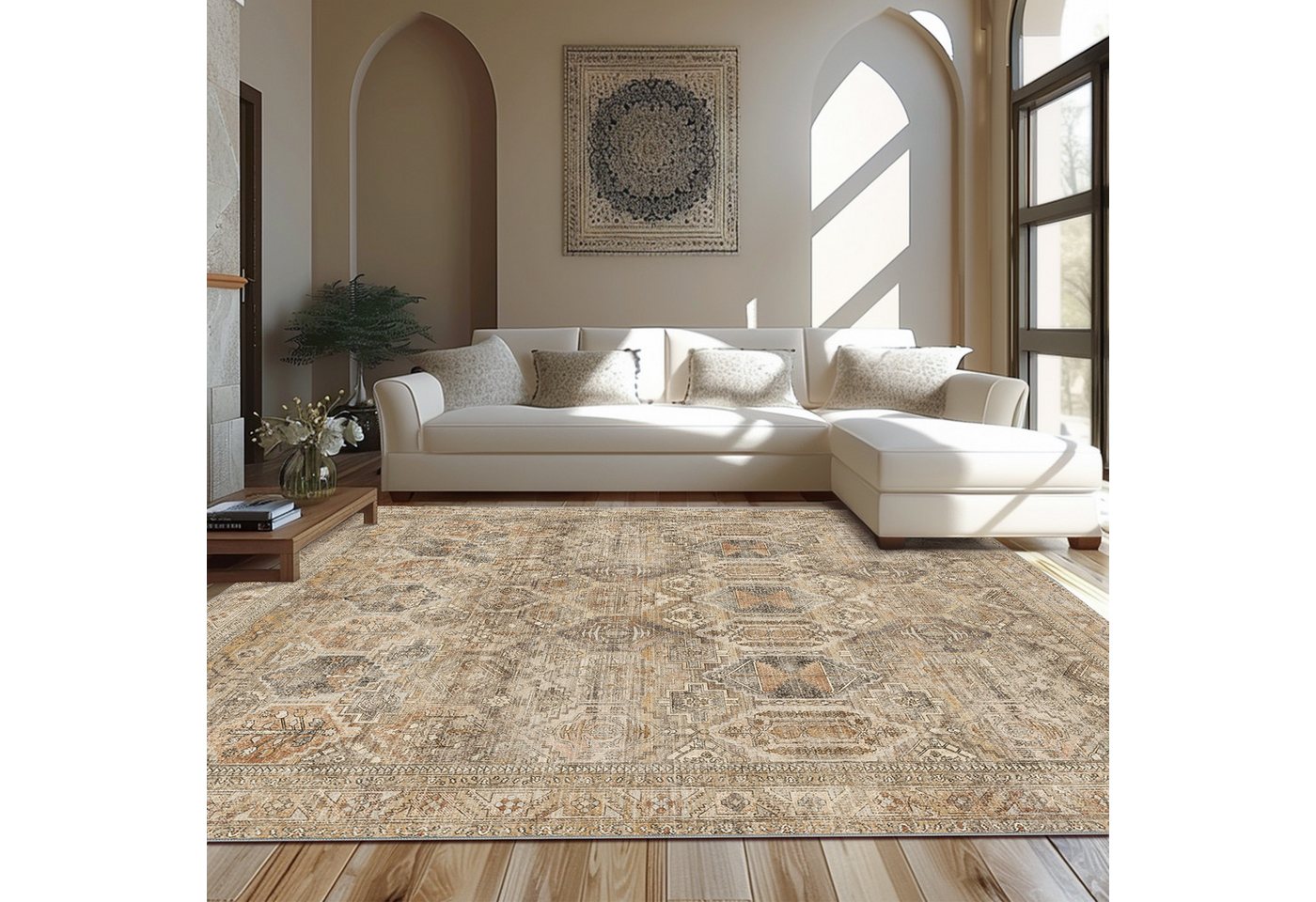 GENIMO Teppich Waschbarer, großer rutschfester Orientteppich im Vintage-Stil, rechteckig, für Badezimmer und Esszimmer, Ocker, 160 x 230 cm – Bild 4 von 5