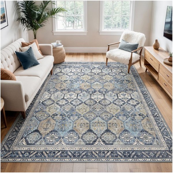 GENIMO Teppich Waschbarer, großer rutschfester Orientteppich im Vintage-Stil, rechteckig, für Badezimmer und Esszimmer, Marineblau, 160 x 230 cm
