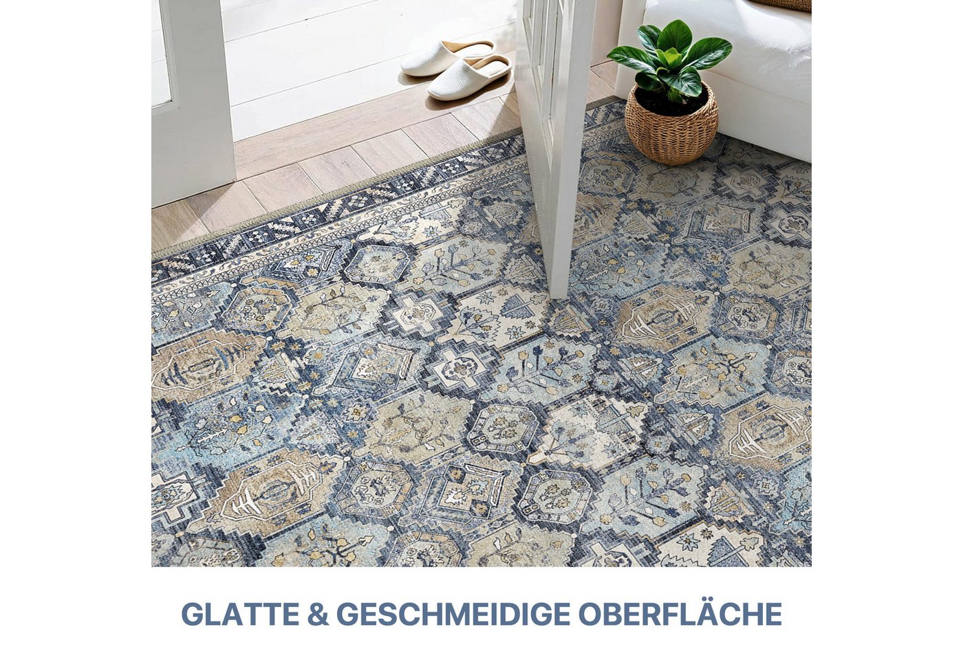 GENIMO Teppich Waschbarer, großer rutschfester Orientteppich im Vintage-Stil, rechteckig, für Badezimmer und Esszimmer, Marineblau, 160 x 230 cm – Bild 5 von 5