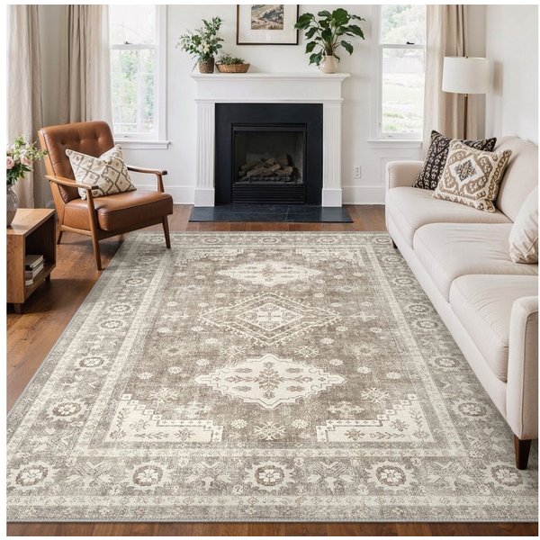 GENIMO Teppich Wohnzimmer Teppich, Boho, Kurzflor, waschbar, rutschfest, rechteckig, 160x230cm, braun