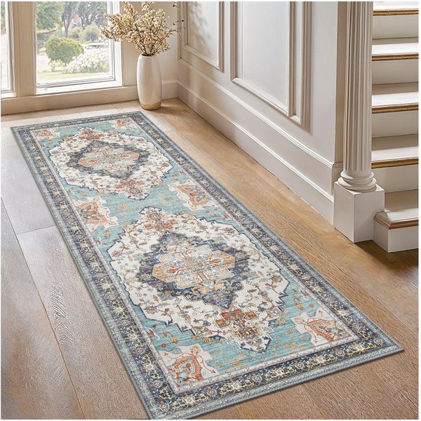 GENIMO Teppich Wohnzimmer Teppich, Boho Vintage, waschbar, rutschfest, Kurzflor, groß, rechteckig, 60x150cm, hellblau