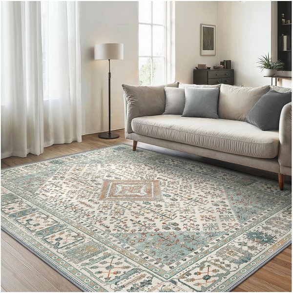 GENIMO Teppich Wohnzimmer Teppich, Boho Vintage, waschbar, rutschfest, Kurzflor, rechteckig, 60x120cm, grün