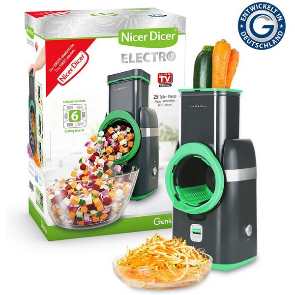 Genius Gemüseschneider Nicer Dicer Electro, 25 tlg, Gemüsehobel elektrisch, 6 Einsätze, 80 W, Extra-scharfe G-NOX Edelstahlklingen, einfache Reinigung, kompakt