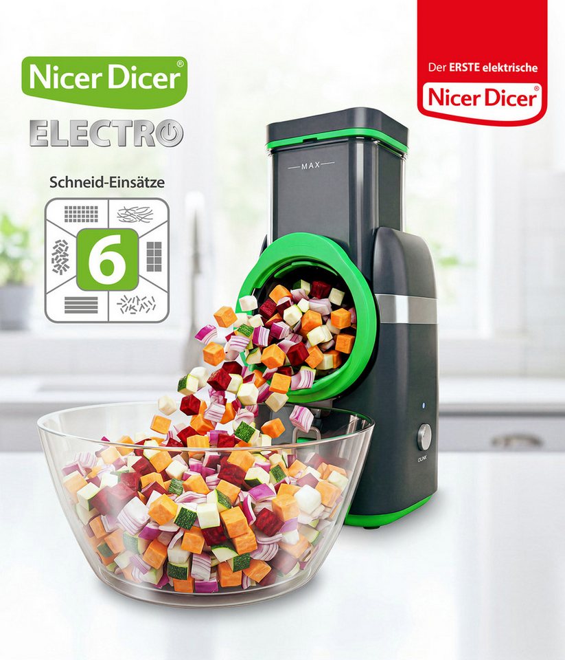 Genius Gemüseschneider Nicer Dicer Electro, 25 tlg, Gemüsehobel elektrisch, 6 Einsätze, 80 W, Extra-scharfe G-NOX Edelstahlklingen, einfache Reinigung, kompakt – Bild 2 von 5
