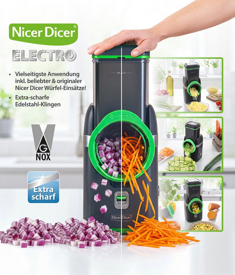 Genius Gemüseschneider Nicer Dicer Electro, 25 tlg, Gemüsehobel elektrisch, 6 Einsätze, 80 W, Extra-scharfe G-NOX Edelstahlklingen, einfache Reinigung, kompakt – Bild 3 von 5