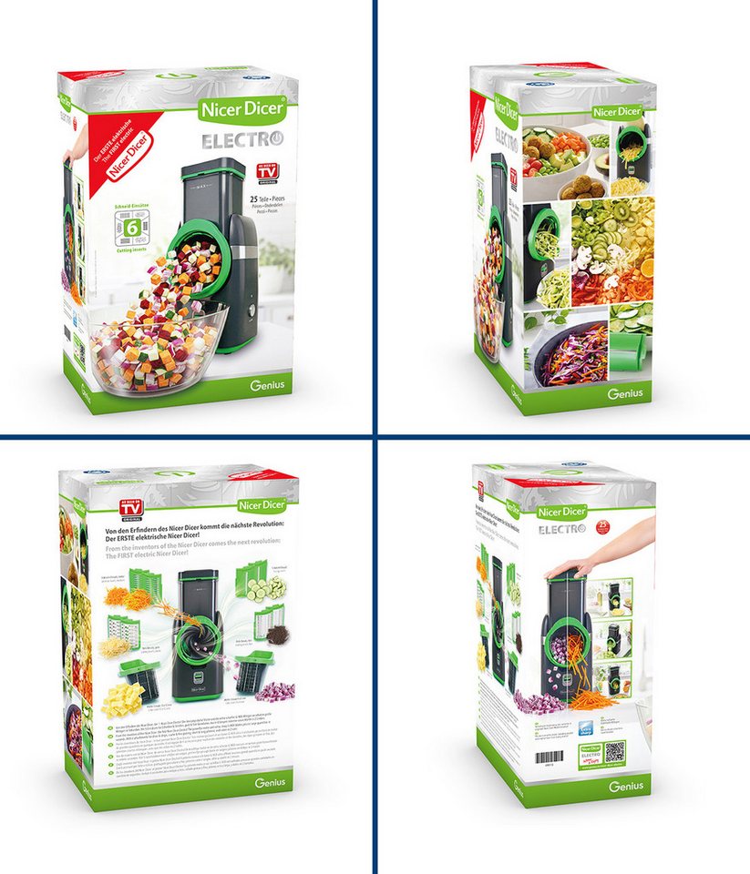Genius Gemüseschneider Nicer Dicer Electro, 25 tlg, Gemüsehobel elektrisch, 6 Einsätze, 80 W, Extra-scharfe G-NOX Edelstahlklingen, einfache Reinigung, kompakt – Bild 4 von 5