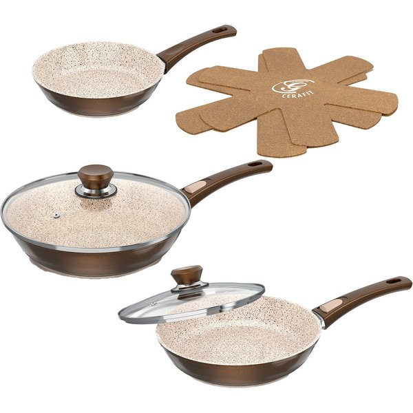 Genius Pfannen-Set Cerafit Granit - Grand-Edition Pfanne, 7-teiliges Set, Edelstahl (Set, 7-tlg., je 1x Pfanne + Deckel 24 cm + 28 cm, 1x Pfanne 20 cm, 2x Einle