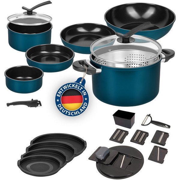 Genius Topf-Set Kelton Pfannenset Töpfe Set 3 in 1 mit Deckel, Gemüseschneider 27 tlg, Topfset pfanne bratpfanne wohnmobil kitchen camping (Komplett-Set, Set 27