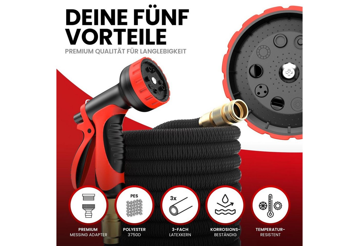 GENTOR Gartenschlauch Premium Flexibler Gartenschlauch flexibel Wasserschlauch 10 Funktionen, Wasserschlauch mit Halterung, 1/2 Zoll & 3/4 Zoll Adapter, (Wasser – Bild 4 von 5