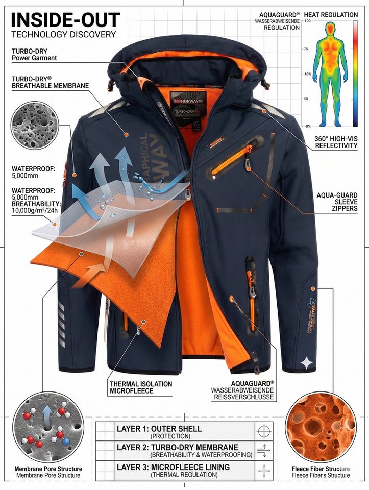 Geographical Norway Softshelljacke Softshelljacke Herren mit abnehmbarer Kapuze, (Packung, 1-St) Übergangsjacke S–7XL – Bild 3 von 5