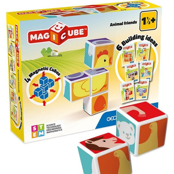 Geomag™ Lernspielzeug 132 - 7tlg. magnetisches Konstruktionsspielzeug mit 4 Magnetwürfel, 4 magnetische Würfel zum puzzeln, Farben und Tiere erkennen