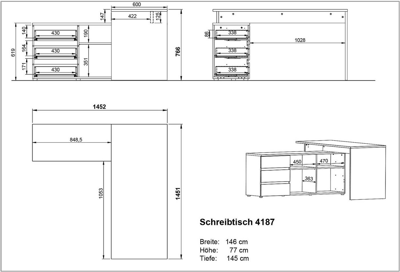 GERMANIA Eckschreibtisch Lissabon, Winkelschreibtisch mit integriertem Sideboard – Bild 5 von 5