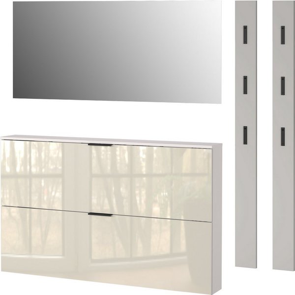 GERMANIA Garderoben-Set Valega, (4-St), Schuhschrank mit Glasfronten, Spiegel und zwei Garderobenpaneelen