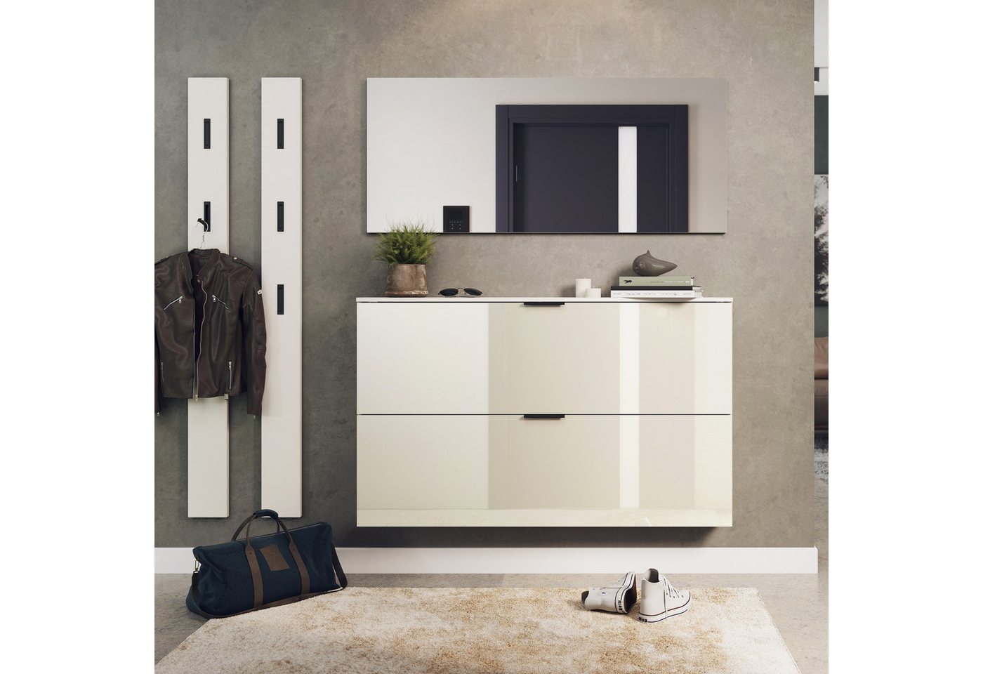 GERMANIA Garderoben-Set Valega, (4-St), Schuhschrank mit Glasfronten, Spiegel und zwei Garderobenpaneelen – Bild 2 von 5