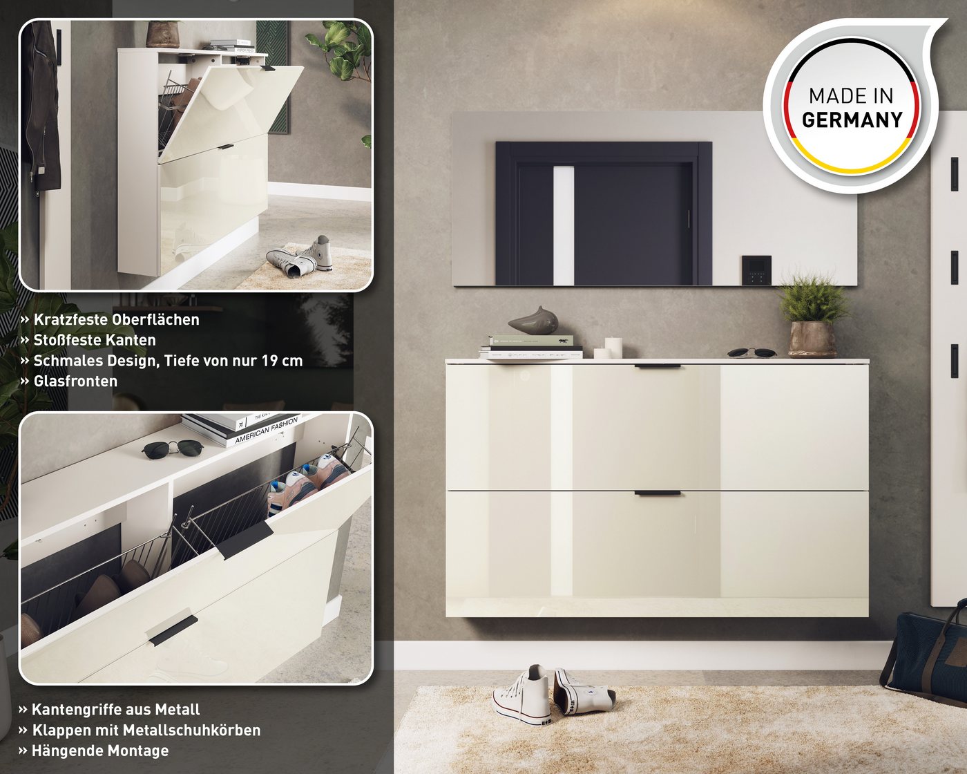 GERMANIA Garderoben-Set Valega, (4-St), Schuhschrank mit Glasfronten, Spiegel und zwei Garderobenpaneelen – Bild 3 von 5