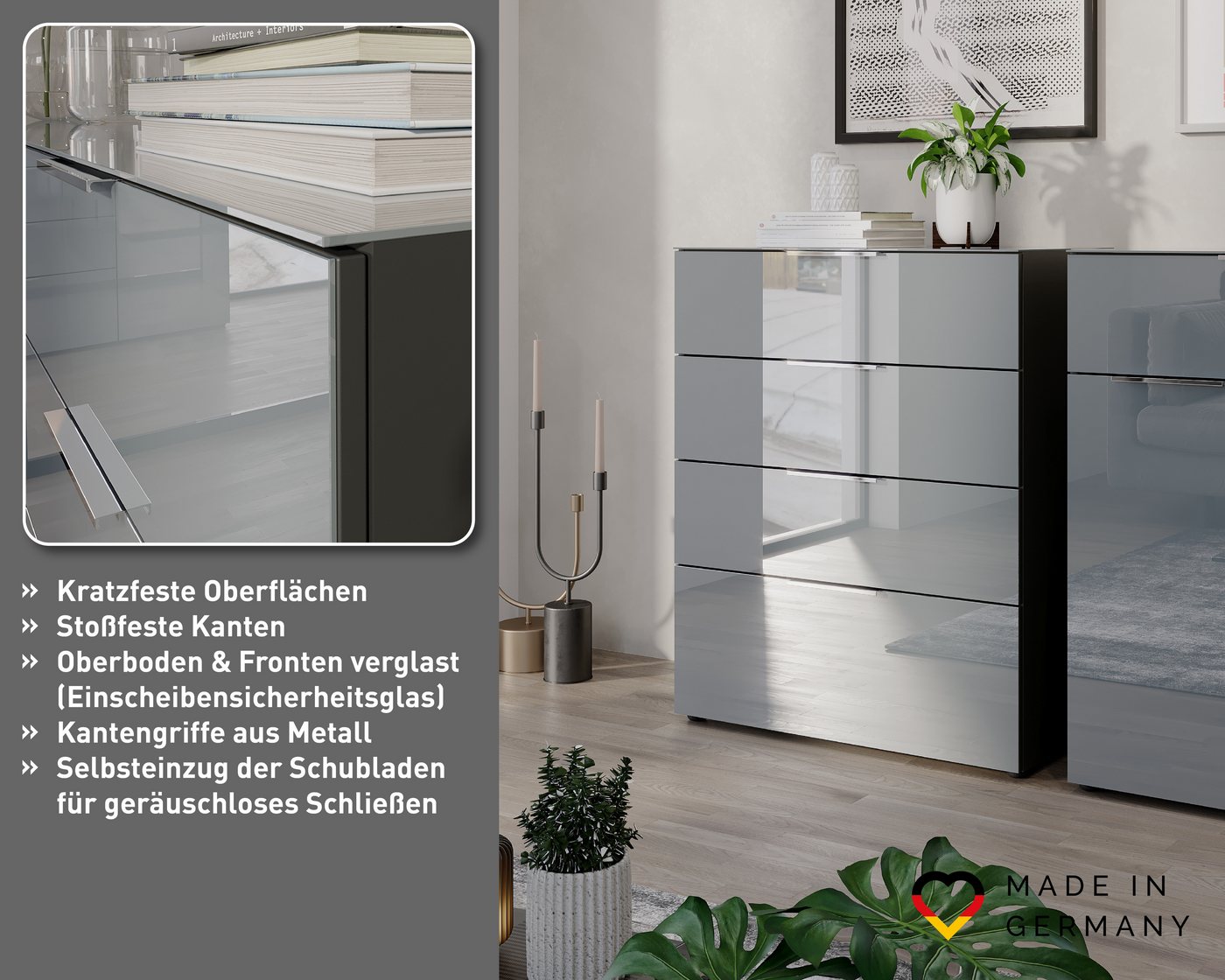 GERMANIA Kombikommode Oakland mit Glasauflagen, Breite 83 cm, mit Schubladen, in vers. Varianten – Bild 3 von 5