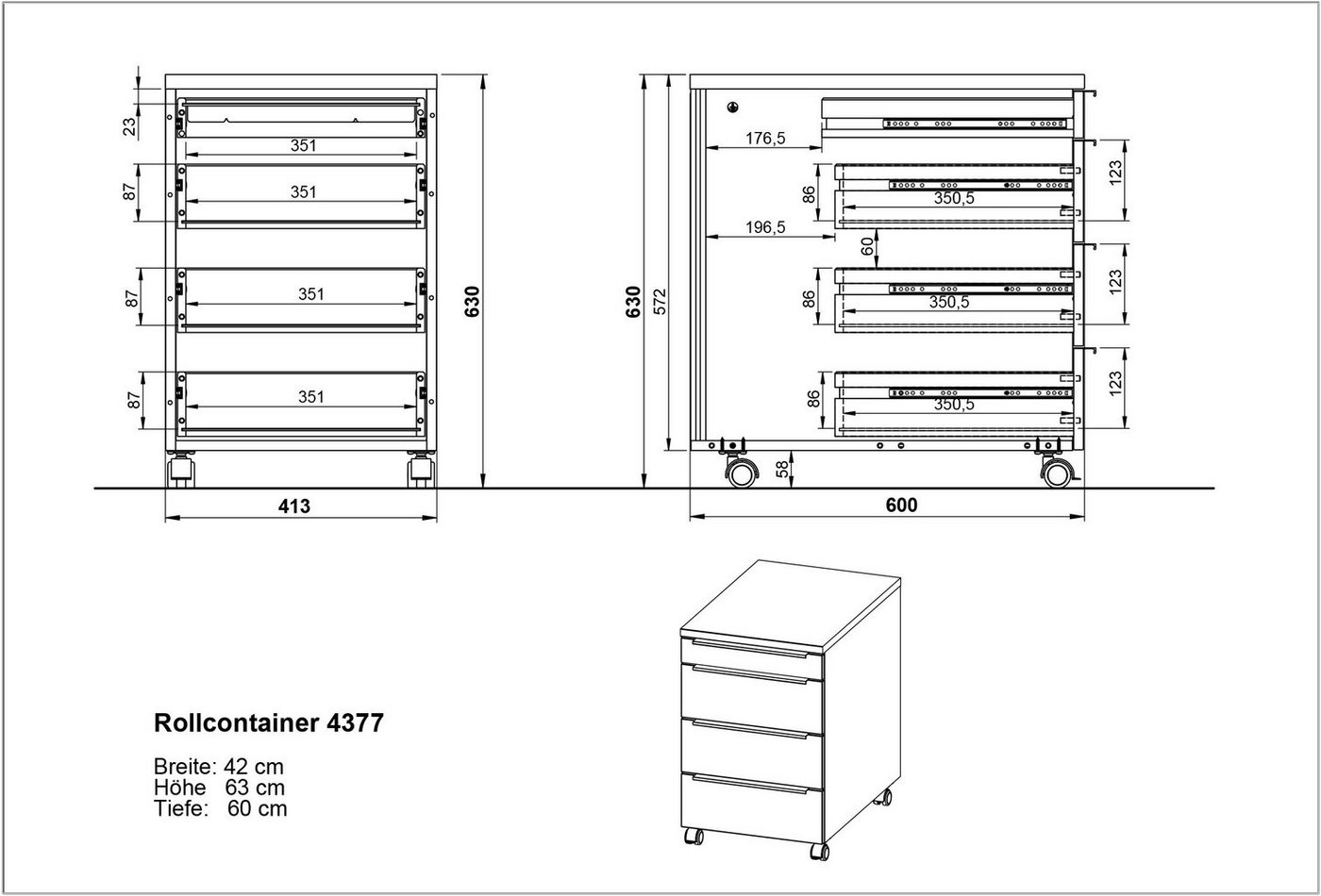 GERMANIA Rollcontainer Mailand, mit 4 Schubladen, optional mit Schubladendämpfung, Utensilienfach, 42x63 cm, Made in Germany – Bild 5 von 5