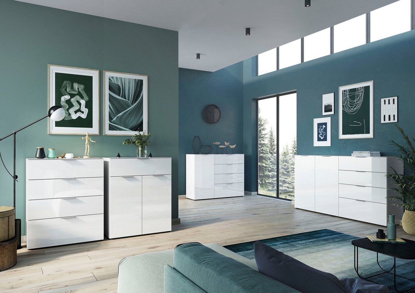 GERMANIA Sideboard Oakland mit Glasauflage, Breite: 134 oder 184 cm, Soft-close, verstellb. Böden, Made in Germany – Bild 2 von 5