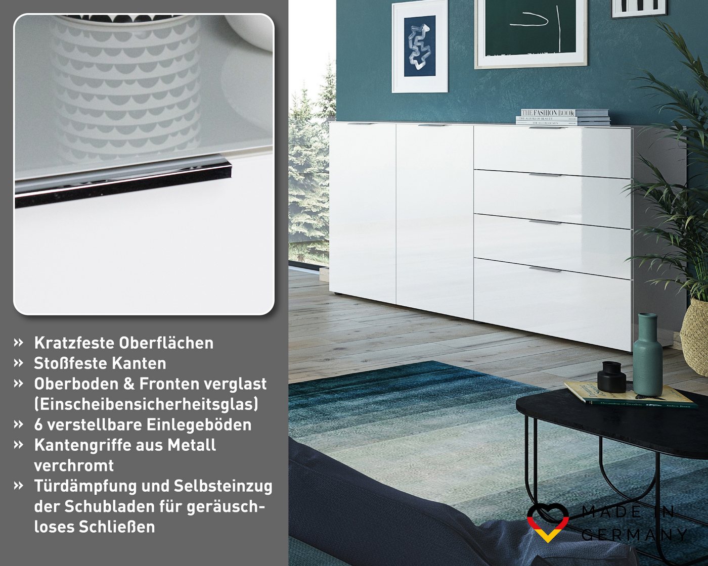GERMANIA Sideboard Oakland mit Glasauflage, Breite: 134 oder 184 cm, Soft-close, verstellb. Böden, Made in Germany – Bild 3 von 5