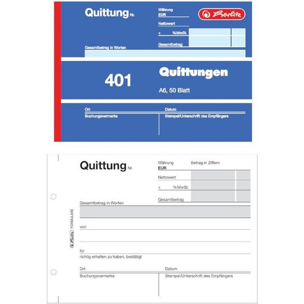 Herlitz Geschäftspapier Herlitz Quittungsblock 401 / A6 / 50 Blatt